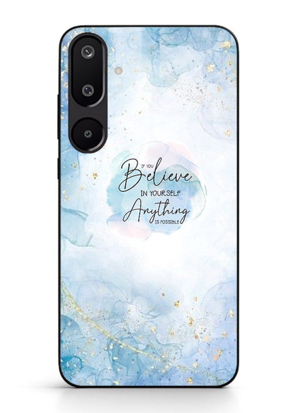 Dreamy sky and motivational lettering on Samsung M16 5G glass back cover with soft blue tones.