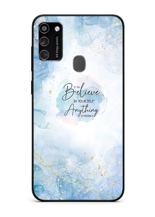 Dreamy sky and motivational lettering on Samsung M21 glass back cover with soft blue tones.