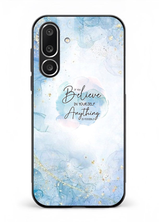 Dreamy sky and motivational lettering on Samsung M56 5G glass back cover with soft blue tones.