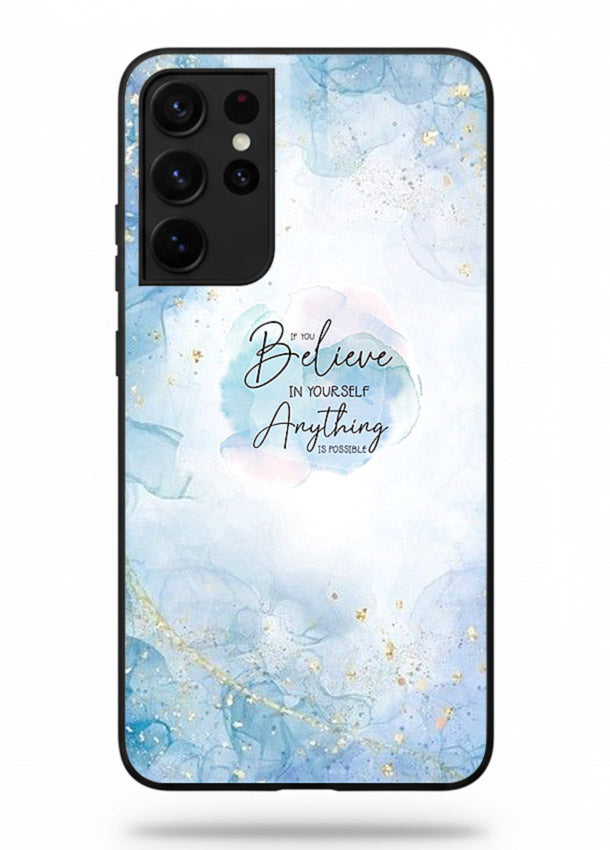 Dreamy sky and motivational lettering on Samsung S21 Ultra glass back cover with soft blue tones.