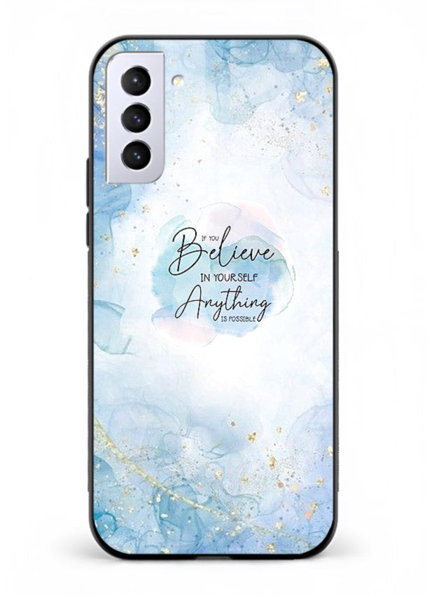 Dreamy sky and motivational lettering on Samsung S21 Plus glass back cover with soft blue tones.
