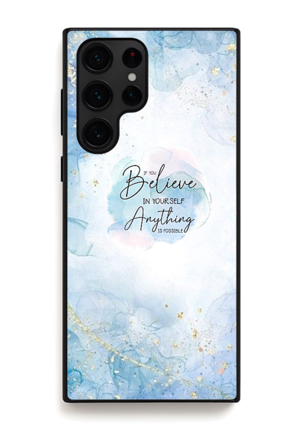 Dreamy sky and motivational lettering on Samsung S24 Ultra glass back cover with soft blue tones.