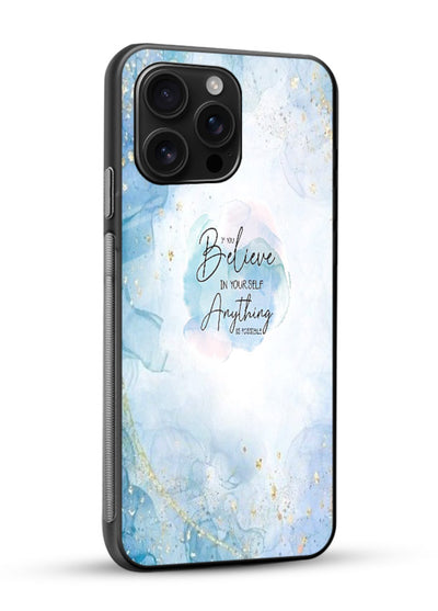 Dreamy sky and motivational lettering on glossy vibrant premium glass back cover with soft blue tones. - Angle Side