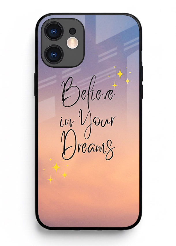 Sunset quote artwork printed on iphone 12 mini glass back cover with glowing warm tones.