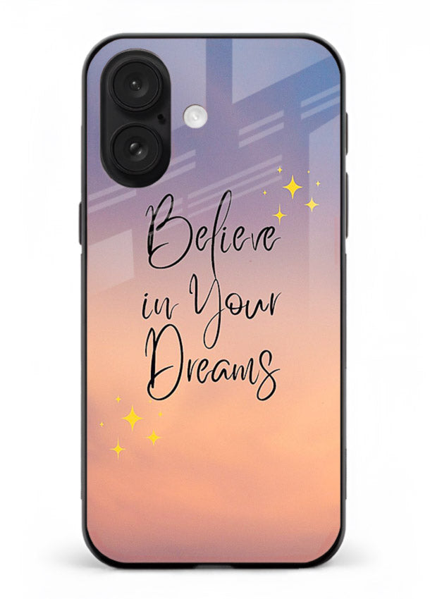 Sunset quote artwork printed on iphone 18 glass back cover with glowing warm tones.