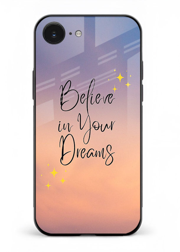 Sunset quote artwork printed on iphone 16e glass back cover with glowing warm tones.