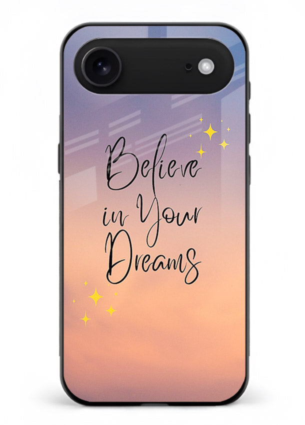 Sunset quote artwork printed on iphone 18 air glass back cover with glowing warm tones.