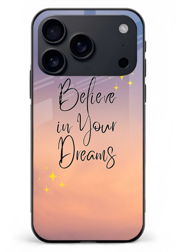 Sunset quote artwork printed on iphone 17 pro max glass back cover with glowing warm tones.