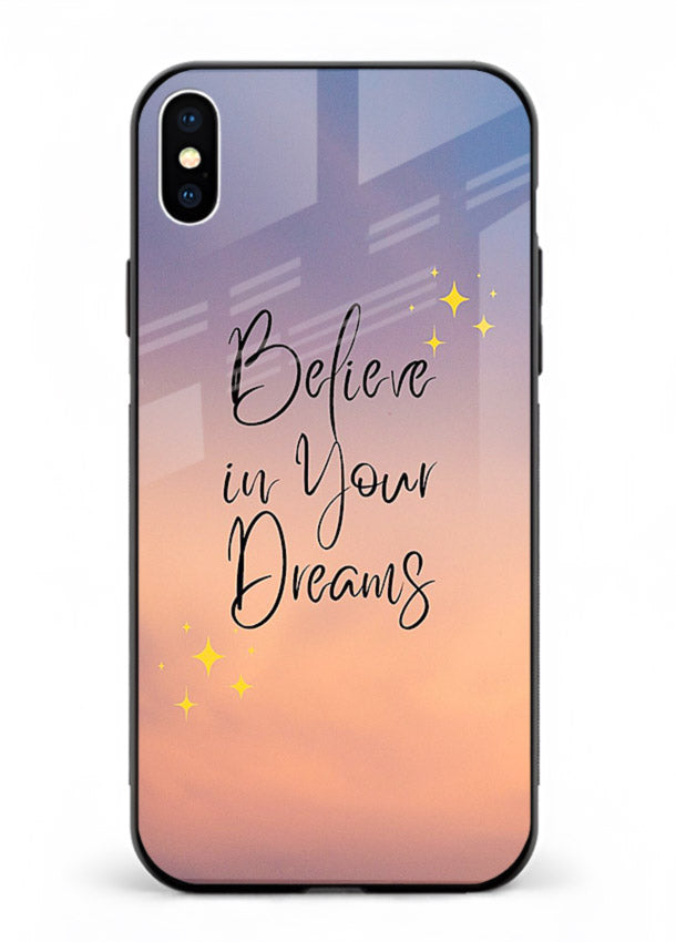 Sunset quote artwork printed on iphone xs max glass back cover with glowing warm tones.
