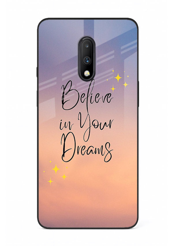 Sunset quote artwork printed on OnePlus 7 glass back cover with glowing warm tones.
