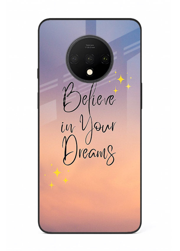 Sunset quote artwork printed on OnePlus 7T glass back cover with glowing warm tones.