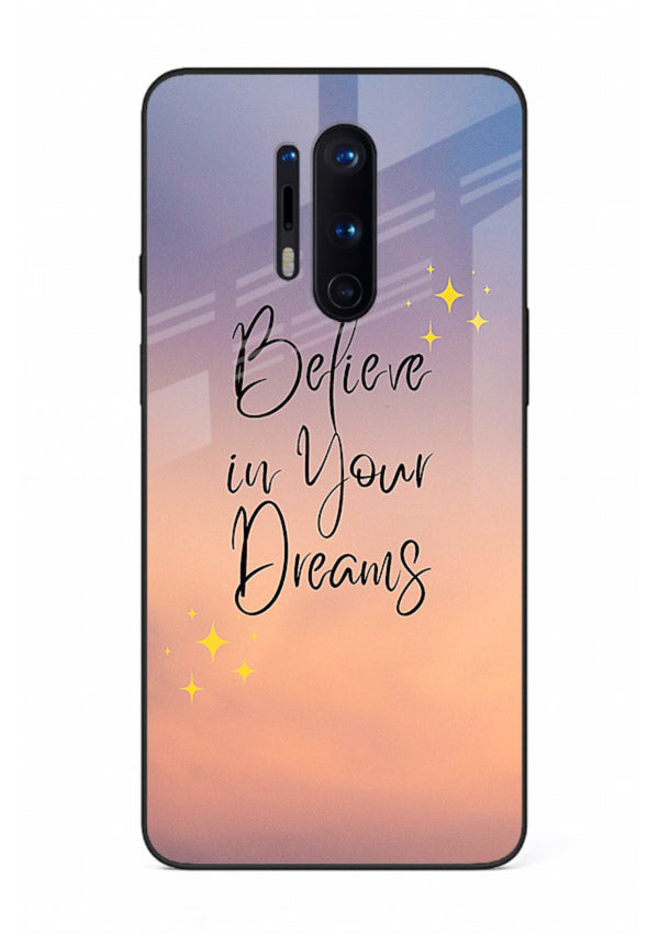 Sunset quote artwork printed on OnePlus 8 Pro glass back cover with glowing warm tones.