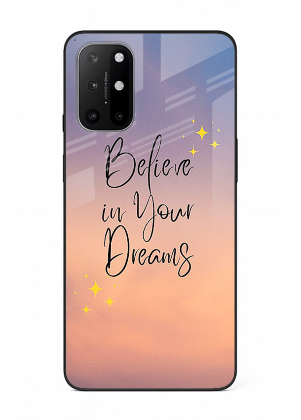 Sunset quote artwork printed on OnePlus 8T glass back cover with glowing warm tones.