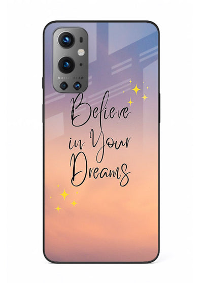 Sunset quote artwork printed on OnePlus 9 glass back cover with glowing warm tones.
