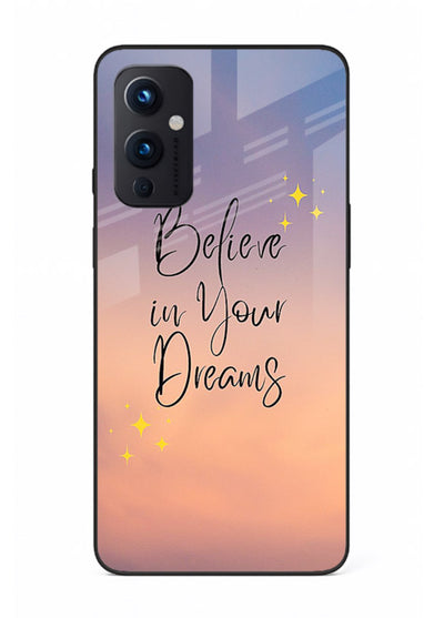 Sunset quote artwork printed on OnePlus 9 Pro glass back cover with glowing warm tones.
