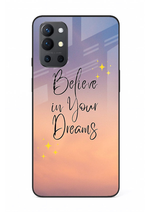 Sunset quote artwork printed on OnePlus 9R glass back cover with glowing warm tones.
