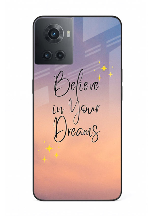 Sunset quote artwork printed on OnePlus 10R glass back cover with glowing warm tones.