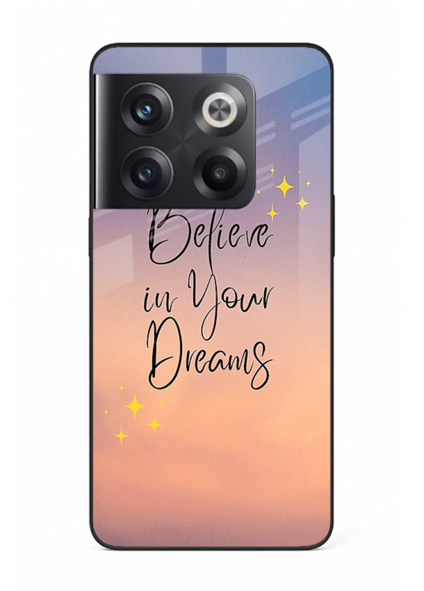 Sunset quote artwork printed on OnePlus 10T glass back cover with glowing warm tones.