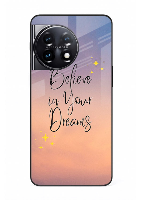 Sunset quote artwork printed on OnePlus 11 glass back cover with glowing warm tones.