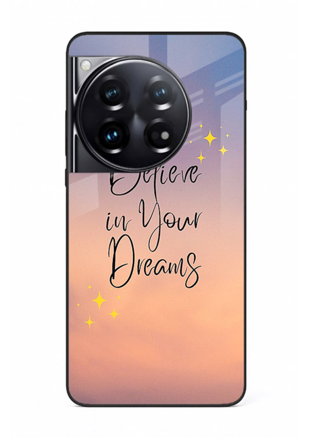 Sunset quote artwork printed on OnePlus 12 glass back cover with glowing warm tones.
