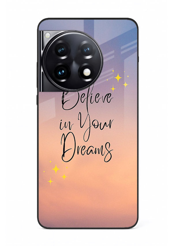 Sunset quote artwork printed on OnePlus 12R glass back cover with glowing warm tones.
