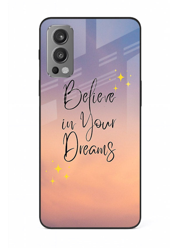Sunset quote artwork printed on OnePlus Nord 2 glass back cover with glowing warm tones.