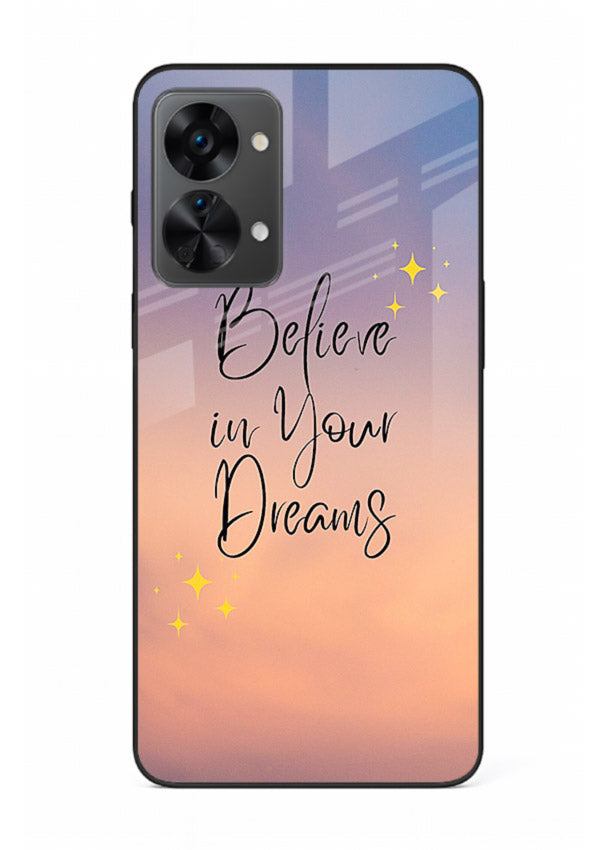 Sunset quote artwork printed on OnePlus Nord 2T glass back cover with glowing warm tones.