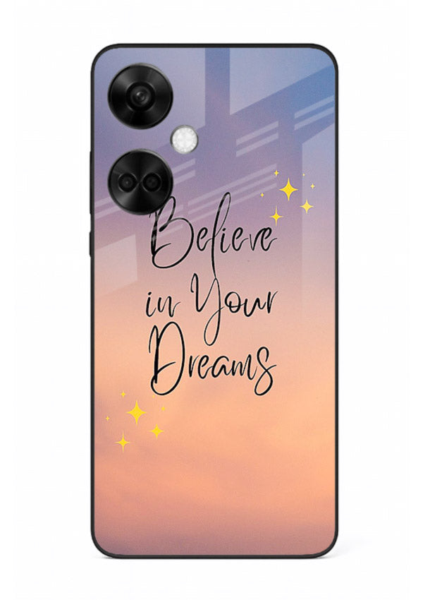 Sunset quote artwork printed on OnePlus Nord CE3 glass back cover with glowing warm tones.