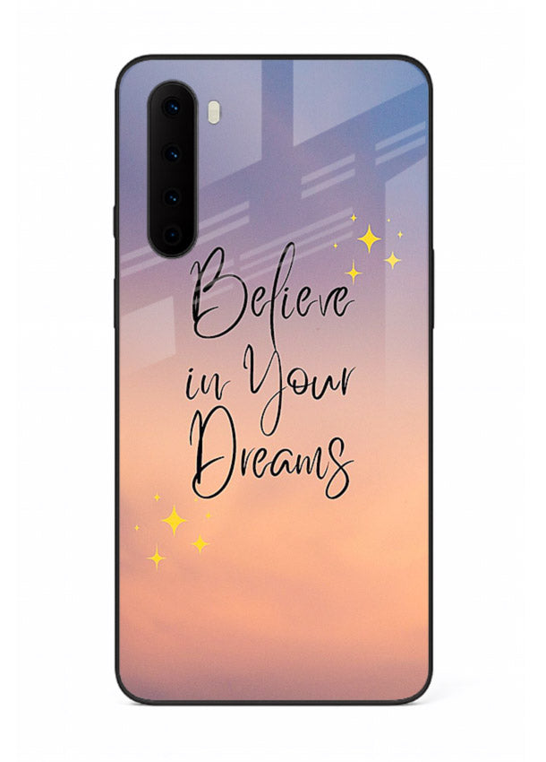 Sunset quote artwork printed on OnePlus Nord glass back cover with glowing warm tones.