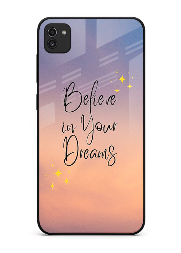 Sunset quote artwork printed on Samsung A03 glass back cover with glowing warm tones.