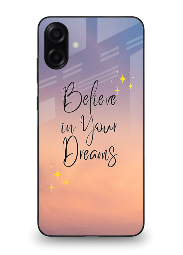 Sunset quote artwork printed on Samsung A06 5G glass back cover with glowing warm tones.