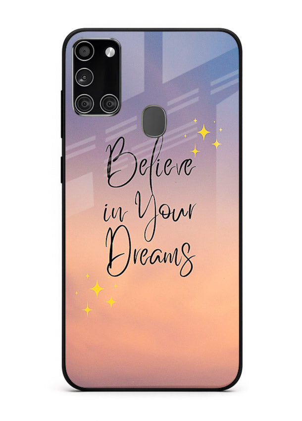 Sunset quote artwork printed on Samsung A21s glass back cover with glowing warm tones.