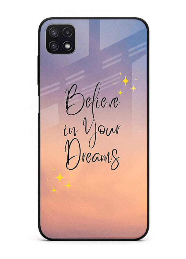 Sunset quote artwork printed on Samsung A22 5G glass back cover with glowing warm tones.