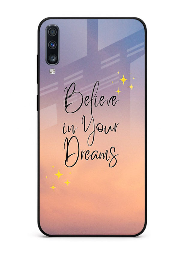 Sunset quote artwork printed on Samsung A70 glass back cover with glowing warm tones.