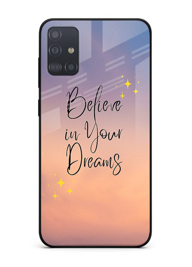 Sunset quote artwork printed on Samsung A51 glass back cover with glowing warm tones.