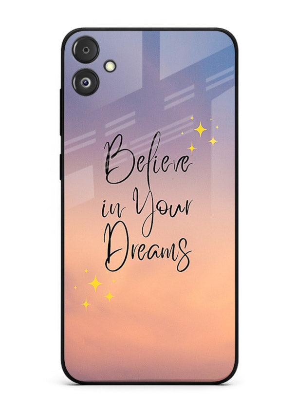 Sunset quote artwork printed on Samsung F05 5G glass back cover with glowing warm tones.