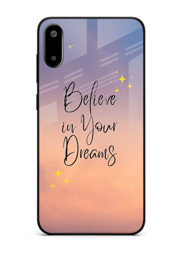 Sunset quote artwork printed on Samsung F06 5G glass back cover with glowing warm tones.