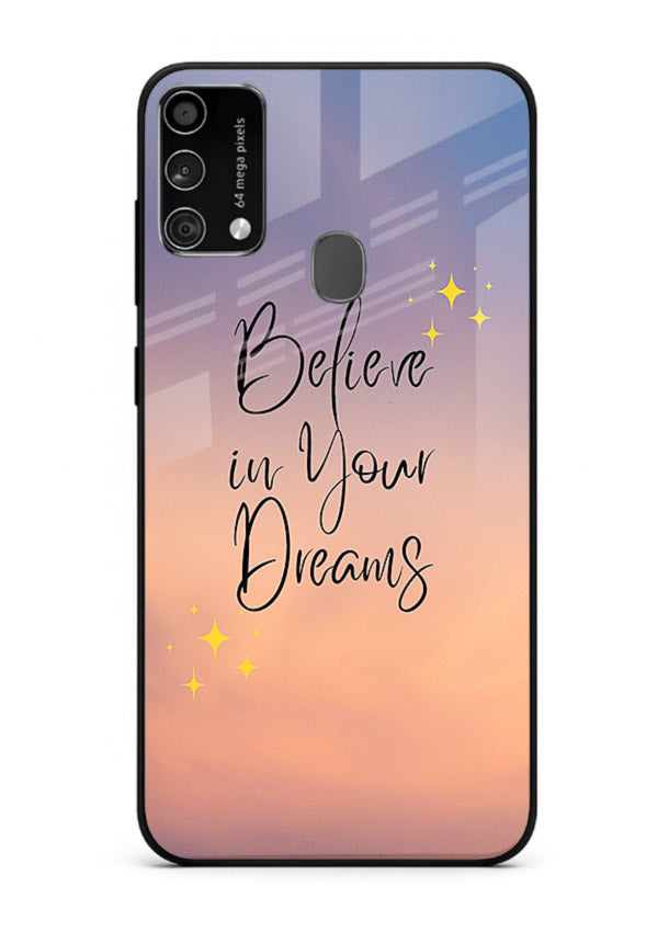 Sunset quote artwork printed on Samsung F41 glass back cover with glowing warm tones.