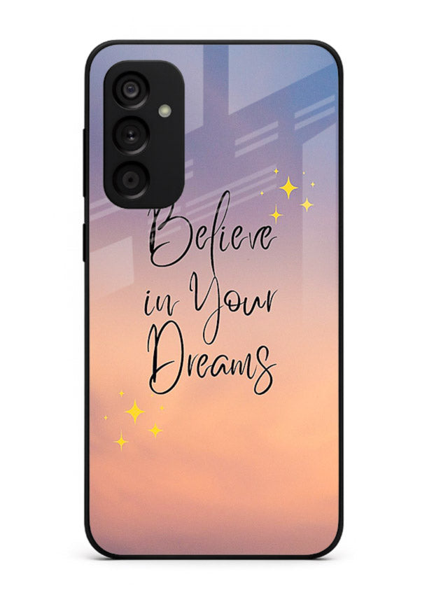 Sunset quote artwork printed on Samsung A34 5G glass back cover with glowing warm tones.
