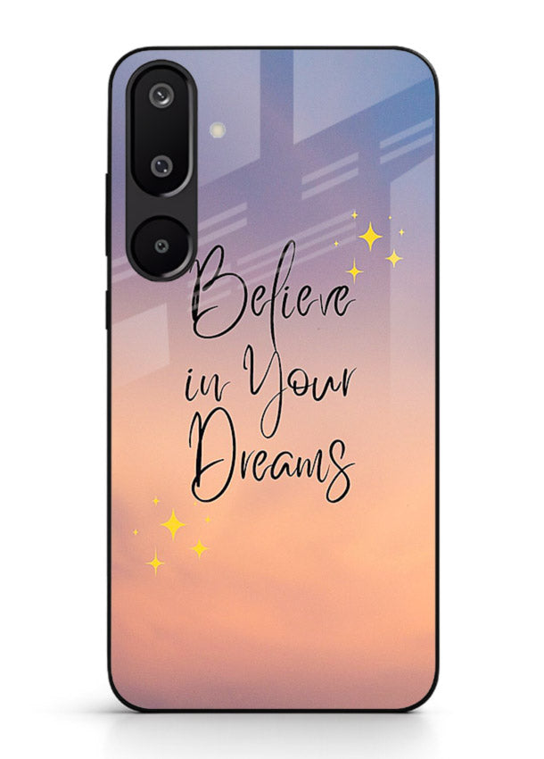 Sunset quote artwork printed on Samsung M16 5G glass back cover with glowing warm tones.