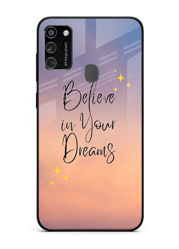 Sunset quote artwork printed on Samsung M30s glass back cover with glowing warm tones.