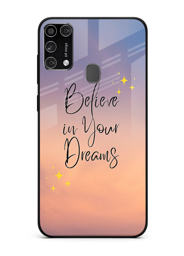 Sunset quote artwork printed on Samsung M31 Prime glass back cover with glowing warm tones.