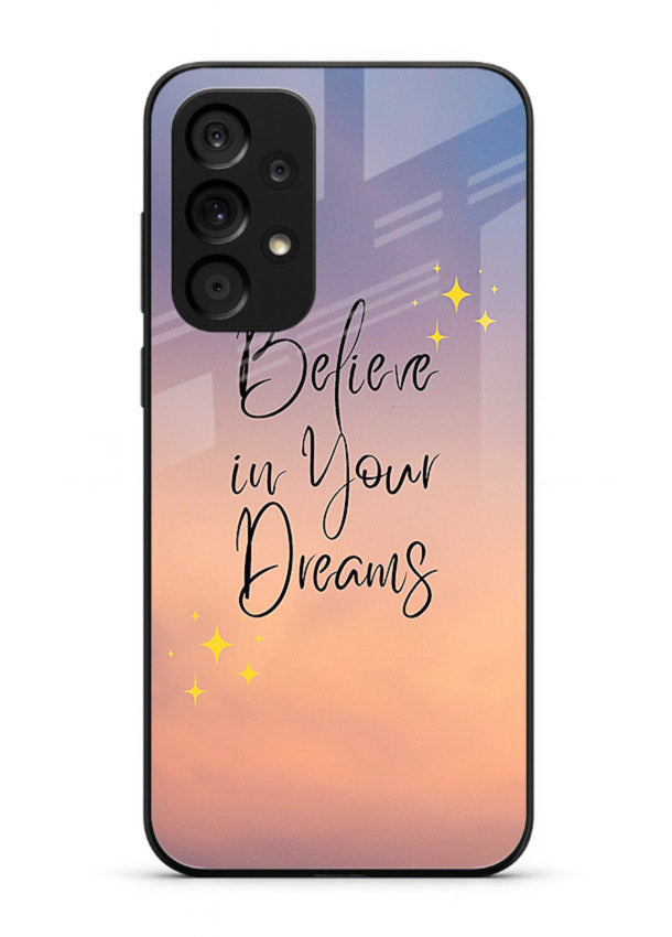 Sunset quote artwork printed on Samsung A33 5G glass back cover with glowing warm tones.
