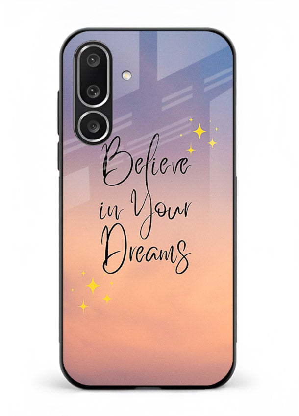 Sunset quote artwork printed on Samsung M36 5G glass back cover with glowing warm tones.