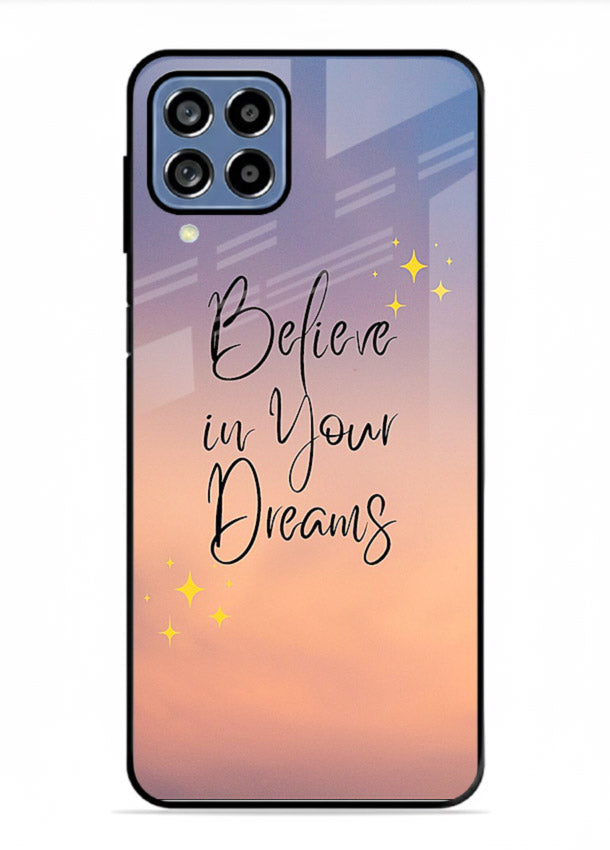Sunset quote artwork printed on Samsung F12 5G glass back cover with glowing warm tones.