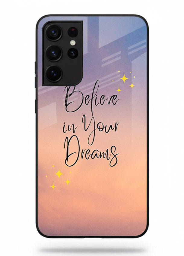Sunset quote artwork printed on Samsung S21 Ultra glass back cover with glowing warm tones.
