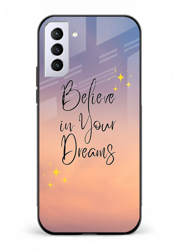 Sunset quote artwork printed on Samsung S21 FE glass back cover with glowing warm tones.