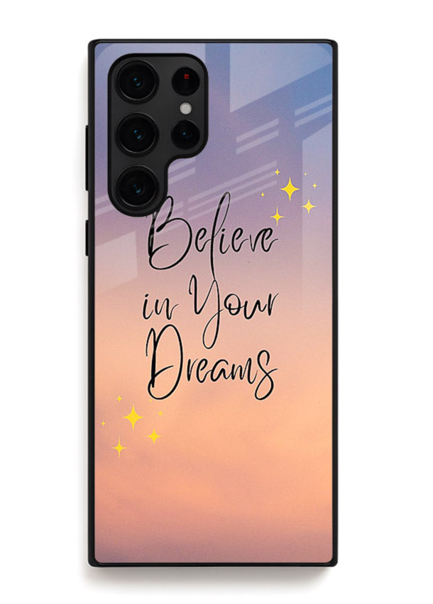 Sunset quote artwork printed on Samsung S23 Ultra glass back cover with glowing warm tones.