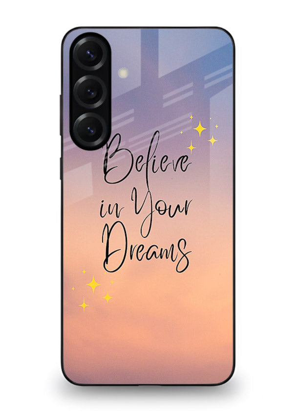 Sunset quote artwork printed on Samsung A55 5G glass back cover with glowing warm tones.
