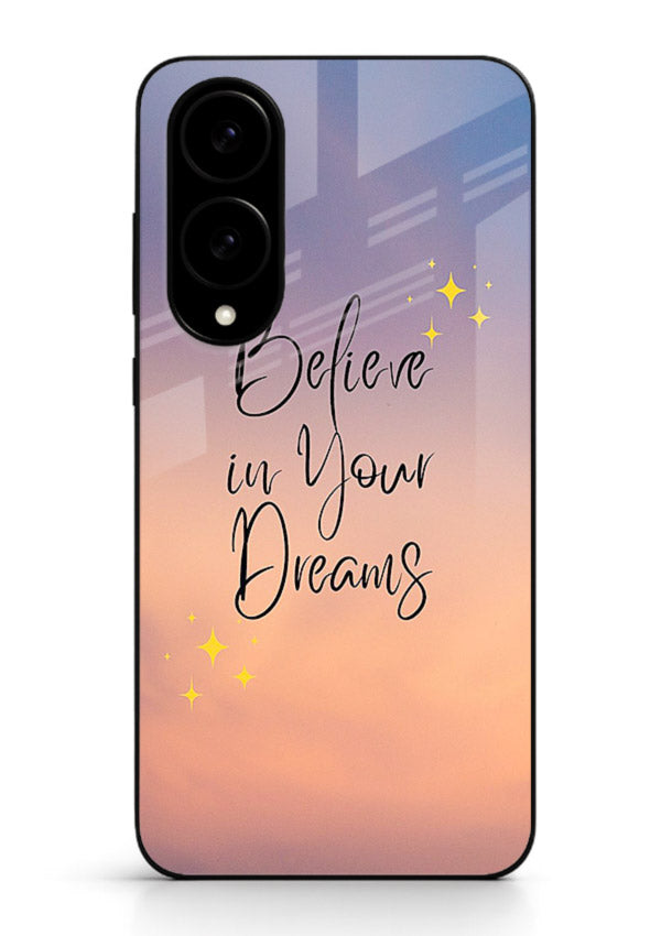 Sunset quote artwork printed on Samsung S25 Edge glass back cover with glowing warm tones.